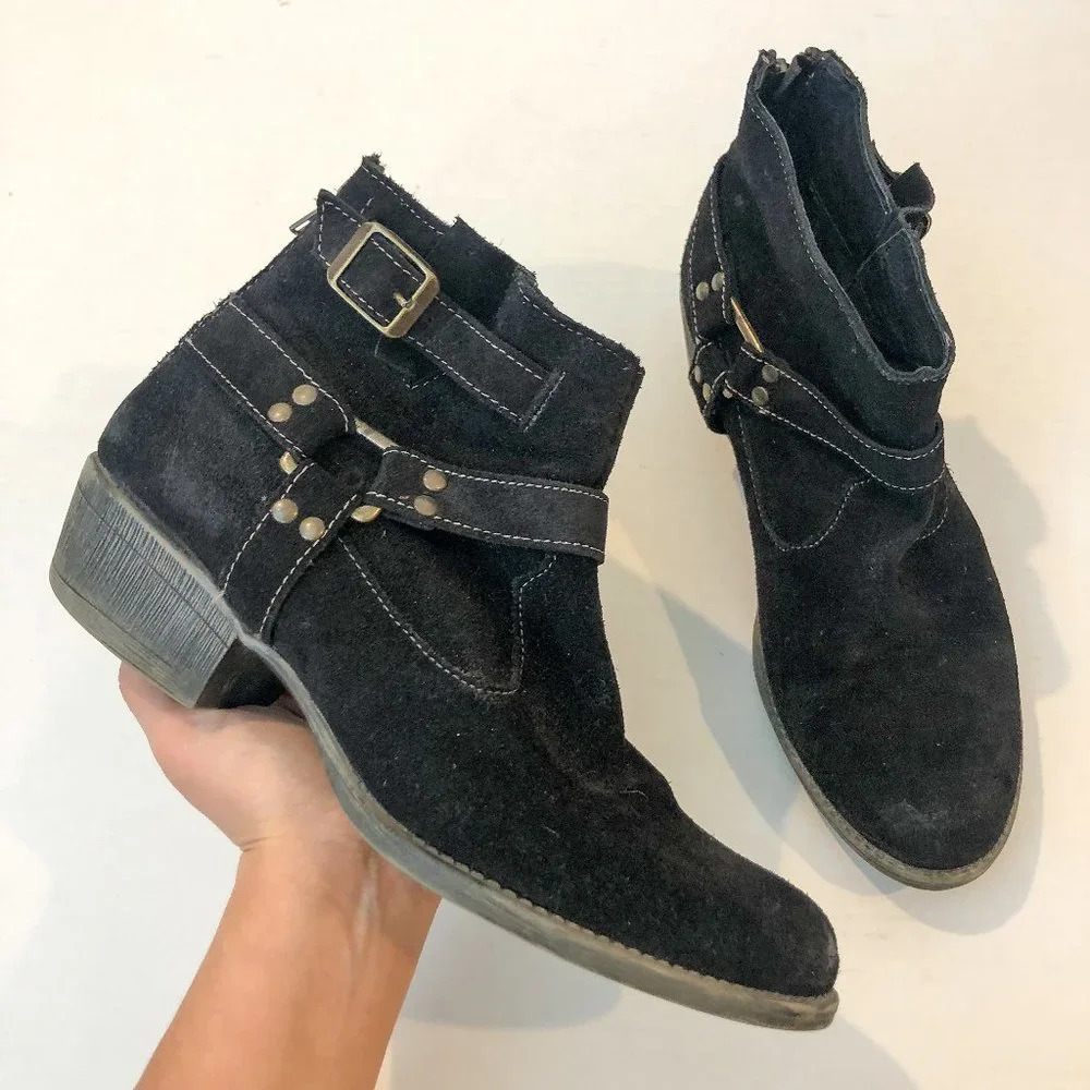 ROAN by Bed Stu Black Suede Western Bohemian Almond Toe Buckle Ankle Booties 10